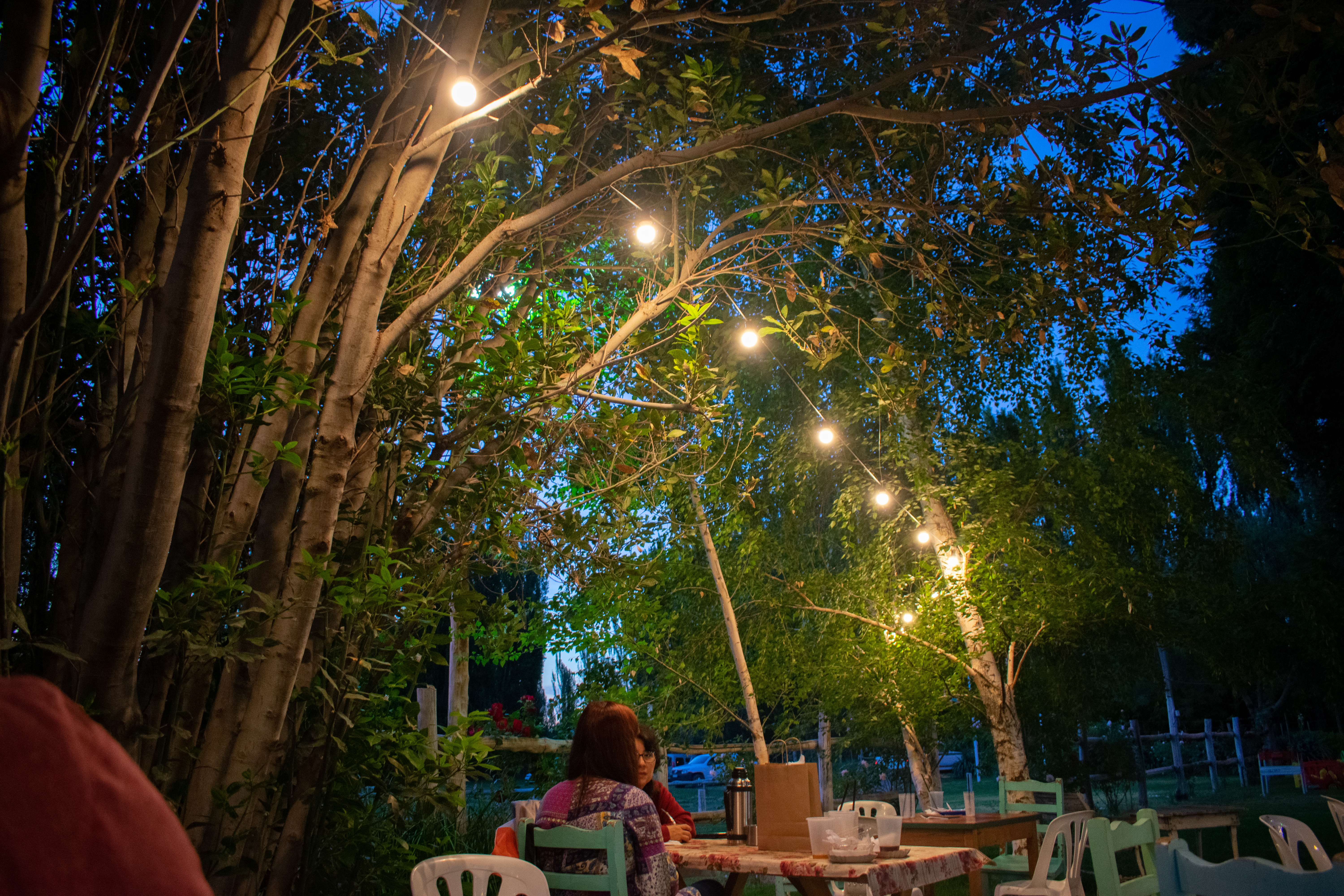 Mesas nocturnas con guirnaldas de luces