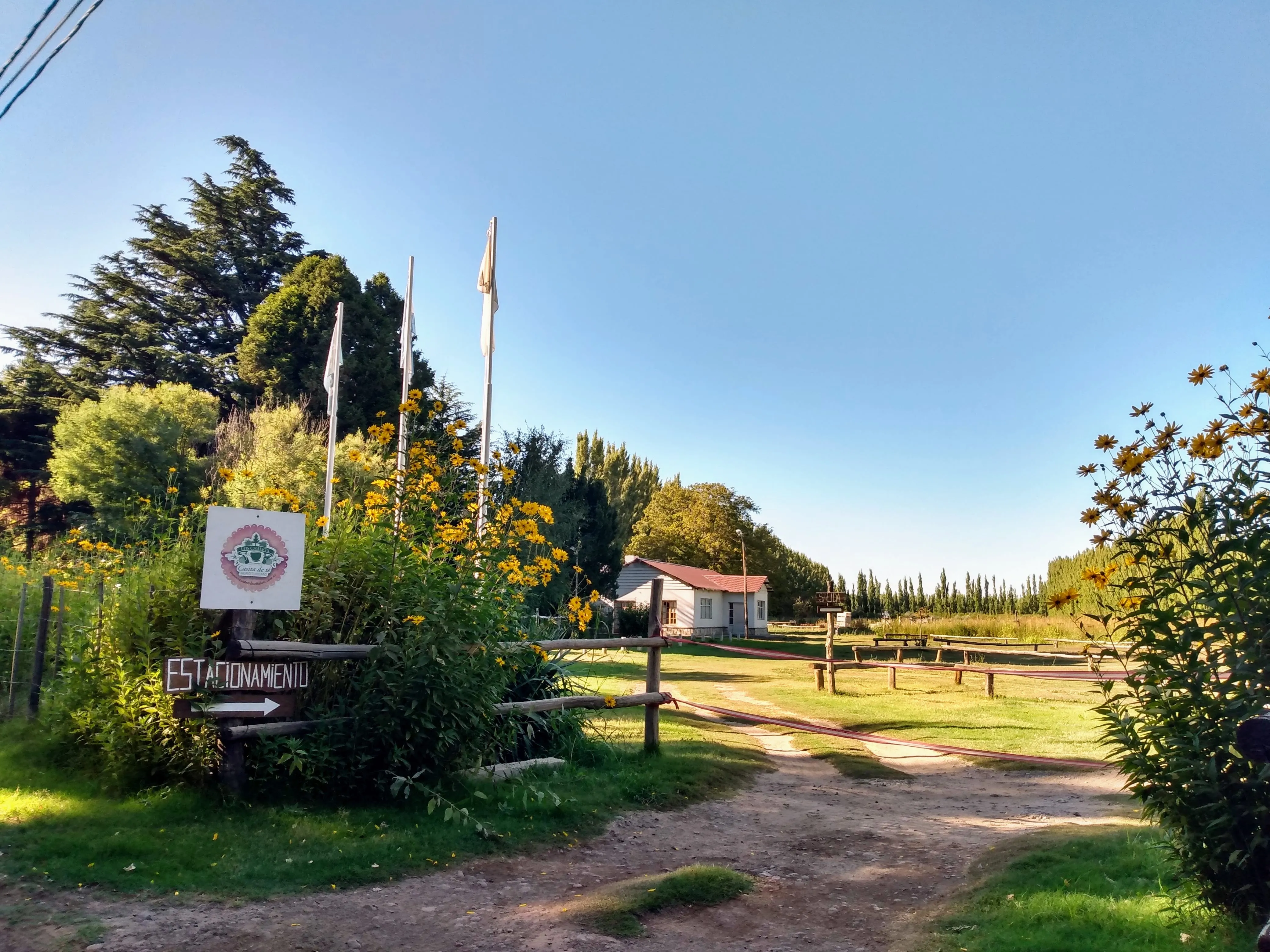 Entrada al estacionamiento de Los Chalets entre árboles frutales