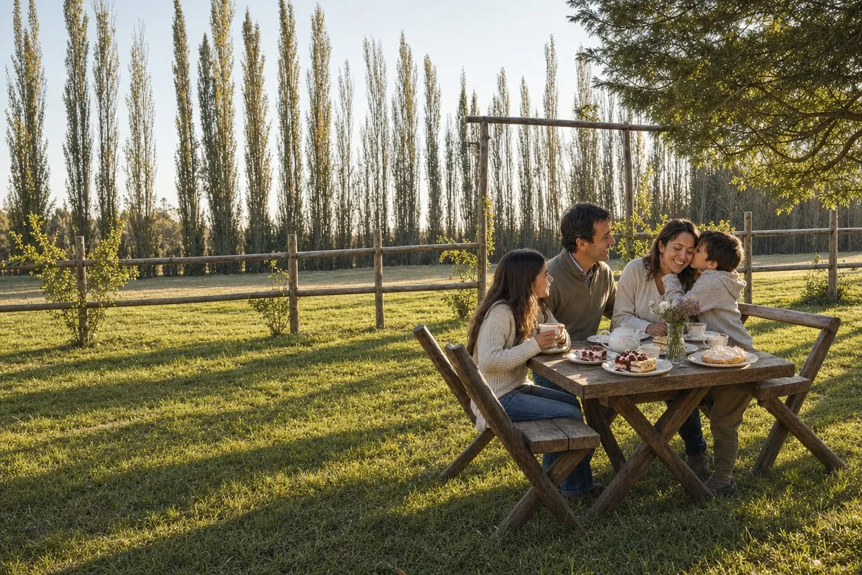 Familia tomando el té con tortas caseras en una mesa de madera en el parque de Los Chalets